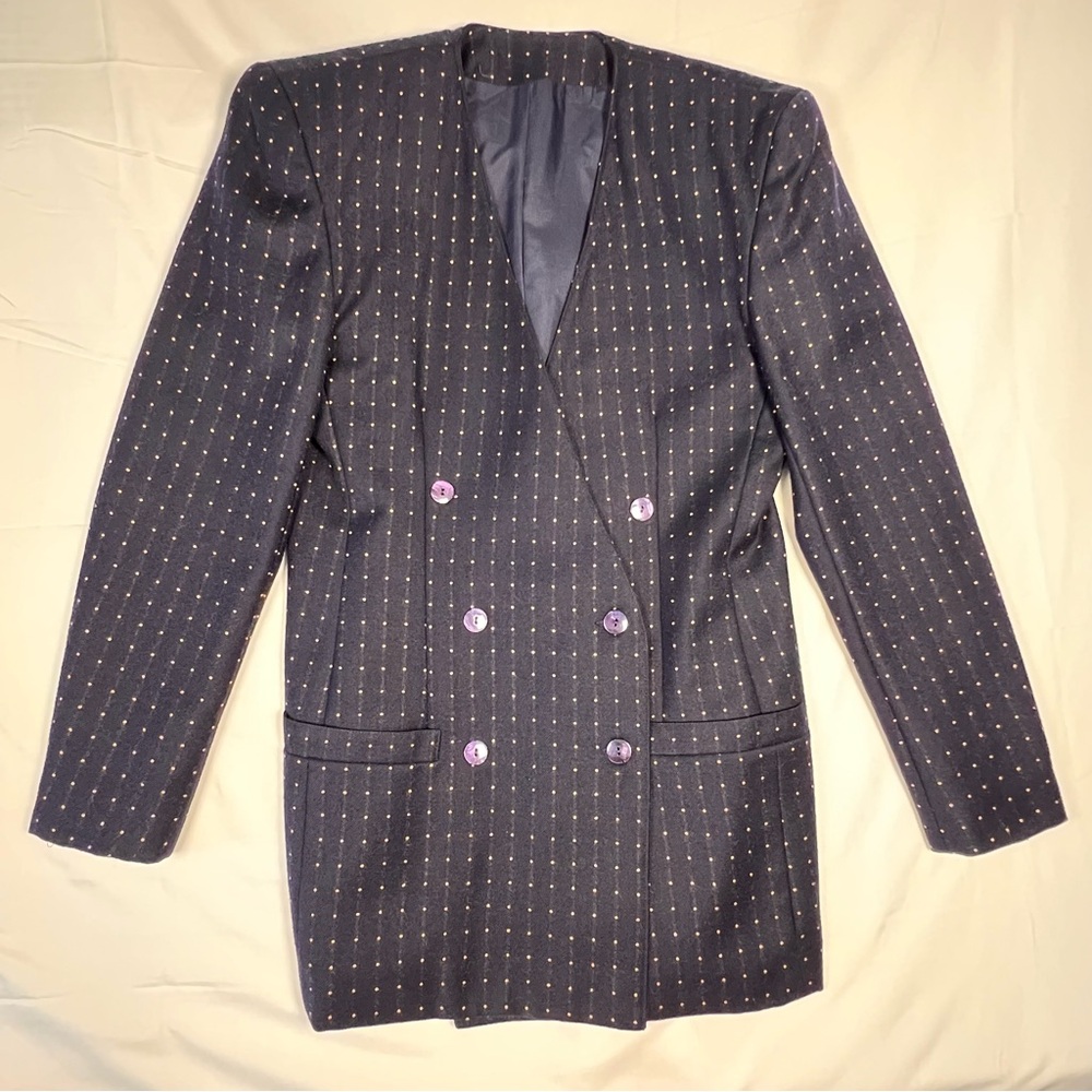 Vintage 90s Alfred Sung Wool Navy Blue Polka Dot Double-Breasted Blazer Size 8